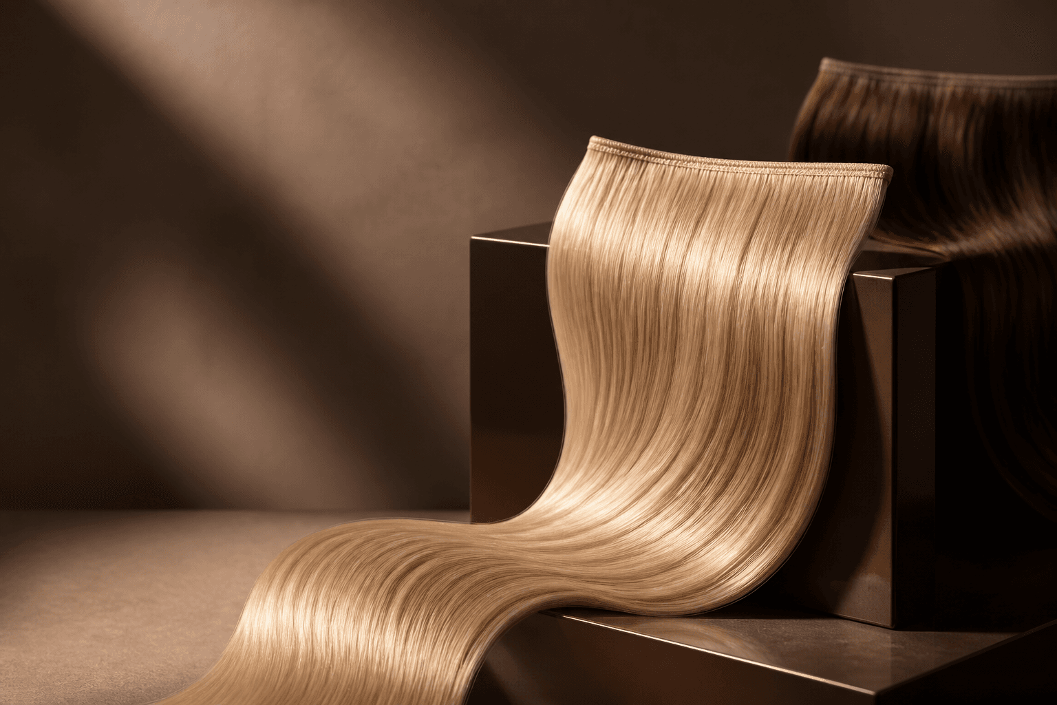 Luxury human hair weft extensions in an editorial beauty studio