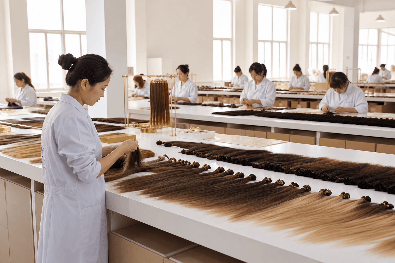 Hair extension production area at Mindy Hair Extensions