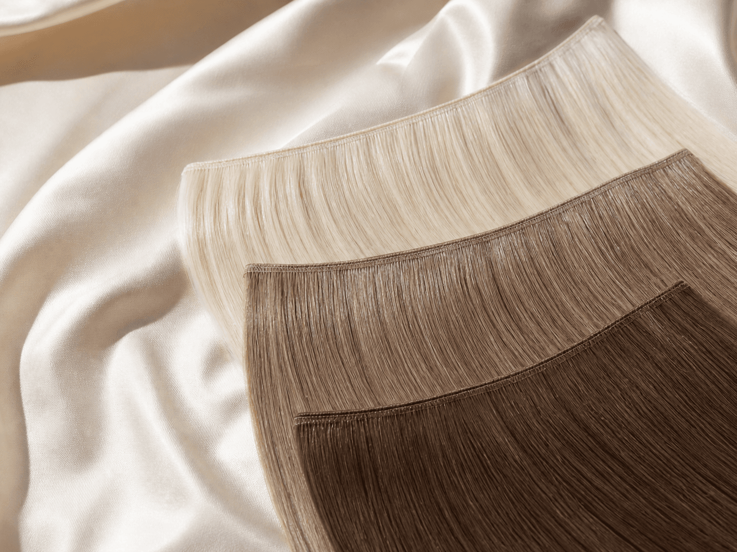 Genius Weft human hair extensions in blonde, bronde, and brown shades
