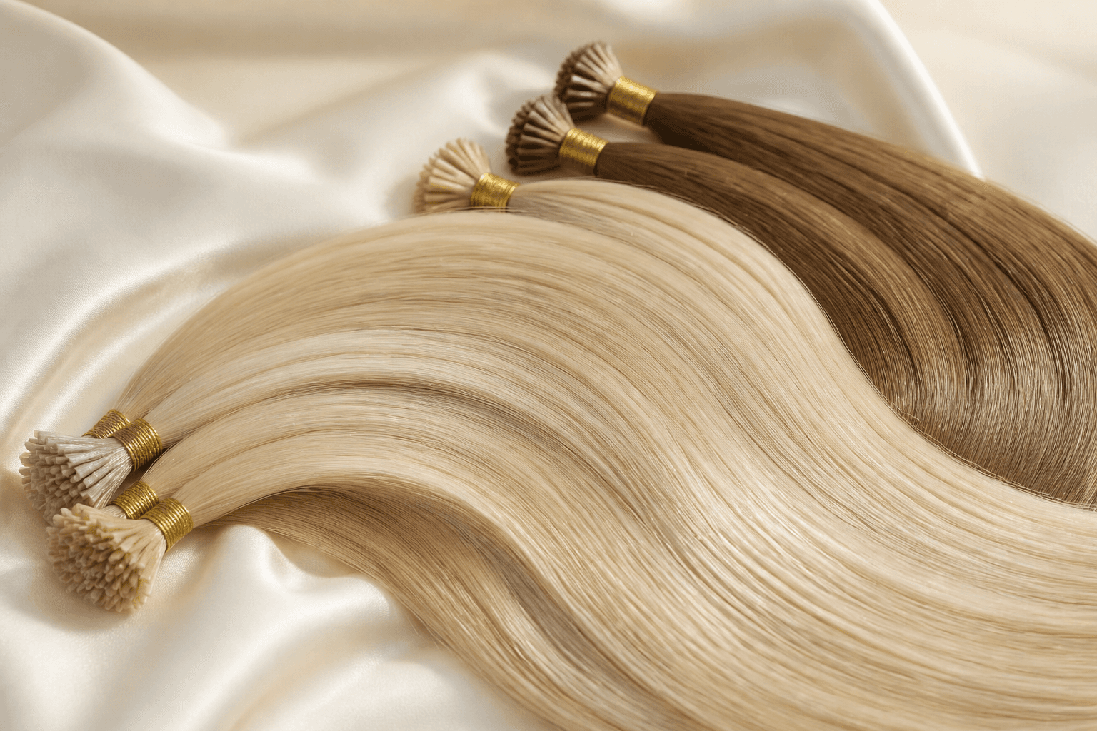 Premium full cuticle Remy hair extensions on ivory silk